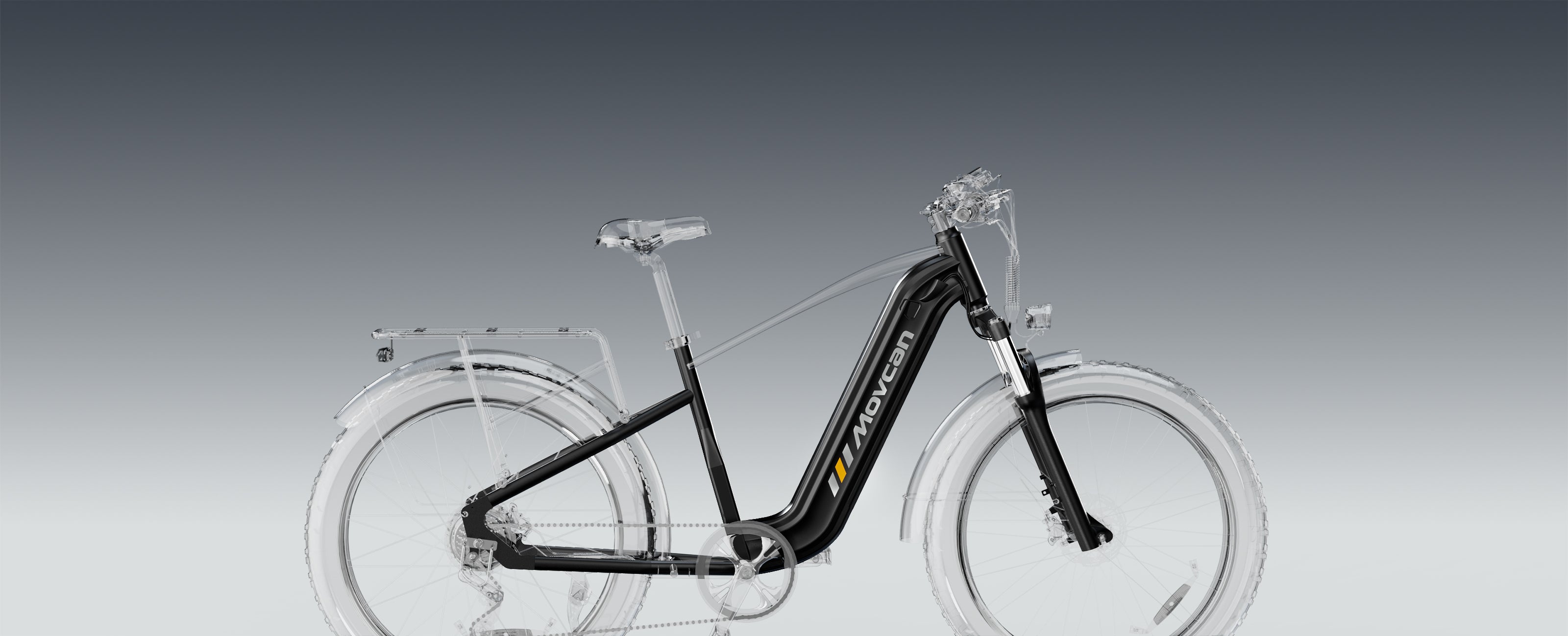 MOVCAN EB60 high power electric bike with dual crown front suspension and rear shock absorbing 85% of road impact on a mountain trail.