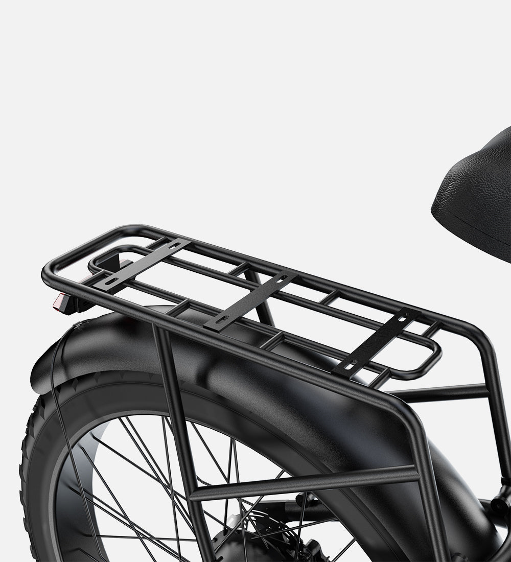 Heavy-duty rear rack with 300lbs capacity on the MOVCAN EB60 high power electric bike, perfect for cargo and delivery