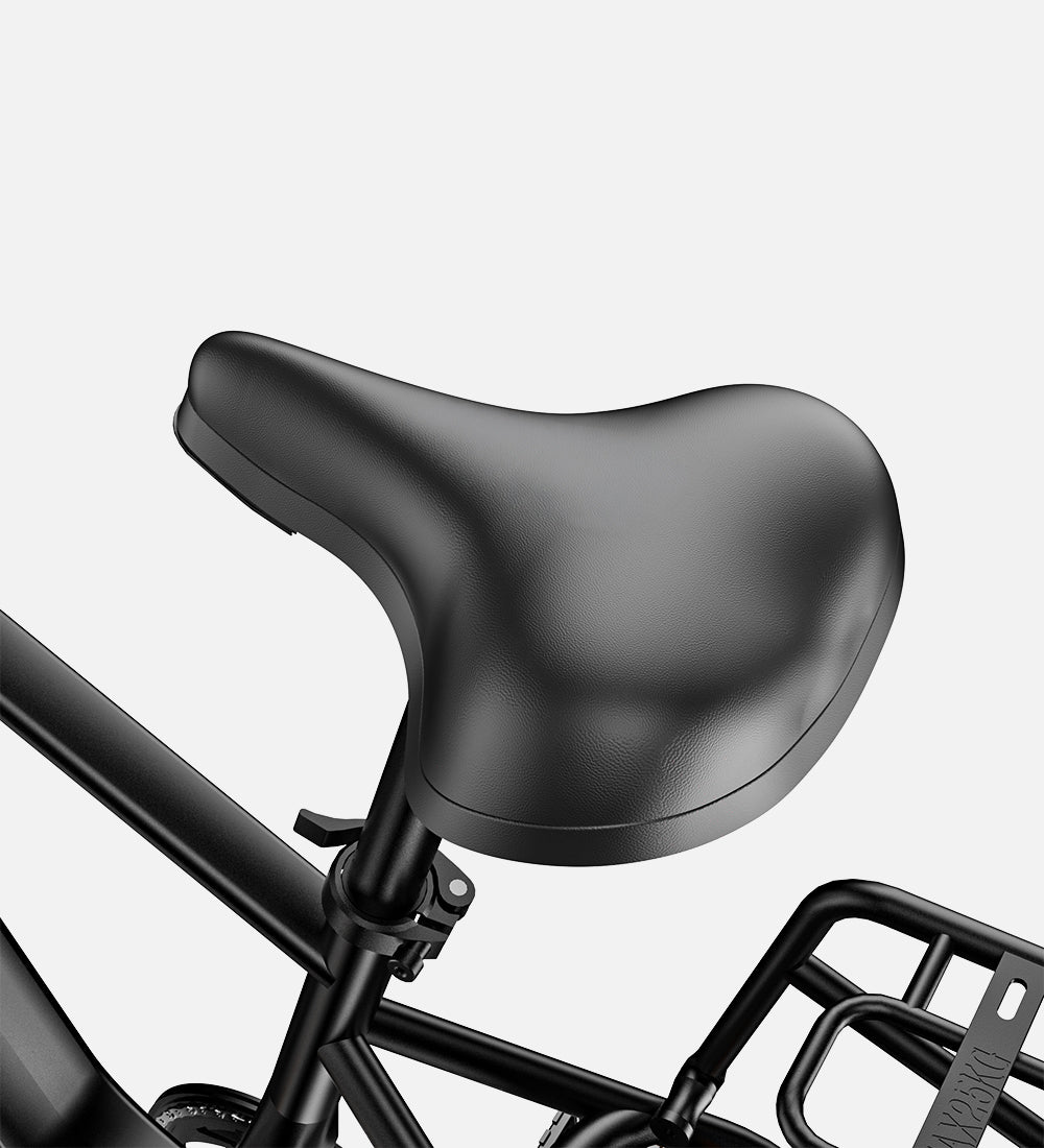 Thickly padded ergonomic saddle for enhanced comfort during long-distance rides on the EB60 moped style ebike