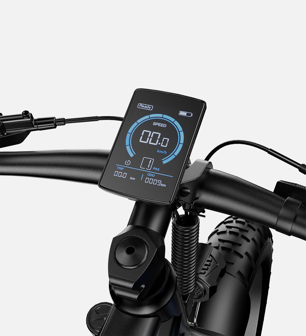 Smart LCD display showing real-time speed and battery life on the MOVCAN EB60 fast electric bike for adults