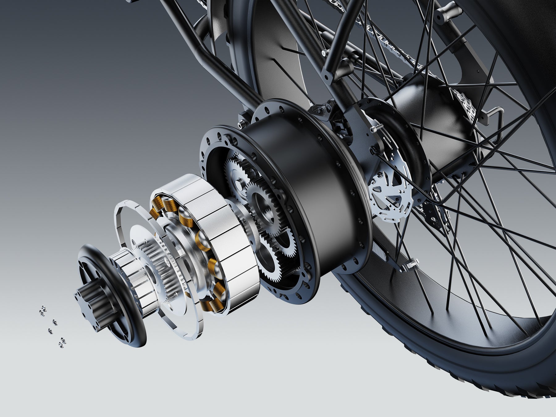 Powerful 2000W rear hub motor of the MOVCAN EB60 35mph fat tire ebike providing 120Nm torque for hill climbing