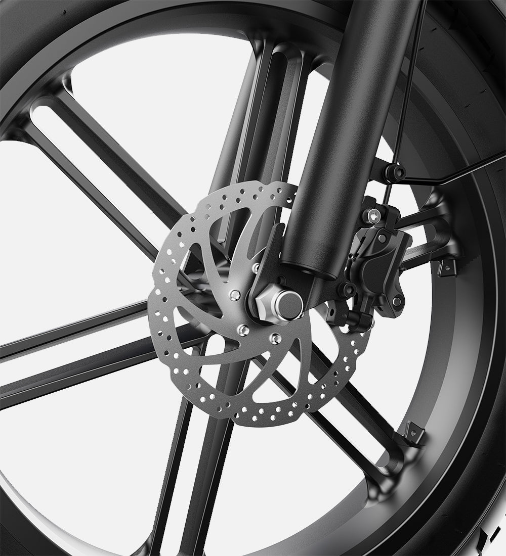 Heavy-duty one-piece wheel hub and disc brake rotor on a fat tire ebike, engineered for high-load durability and strength.