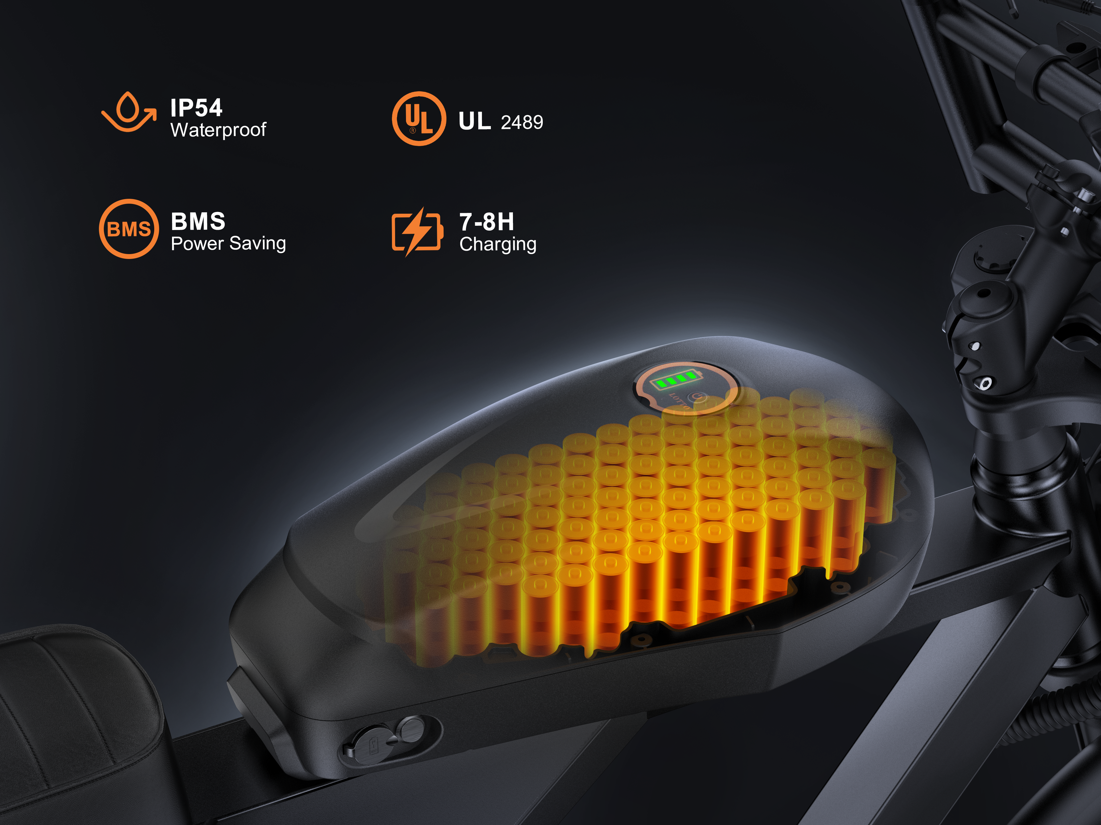 Movcan V30 electric bike 48V 15.6Ah removable lithium battery internal view, highlighting IP54 water resistance, UL 2489 certification, smart BMS protection, and 6-7 hour fast charging.