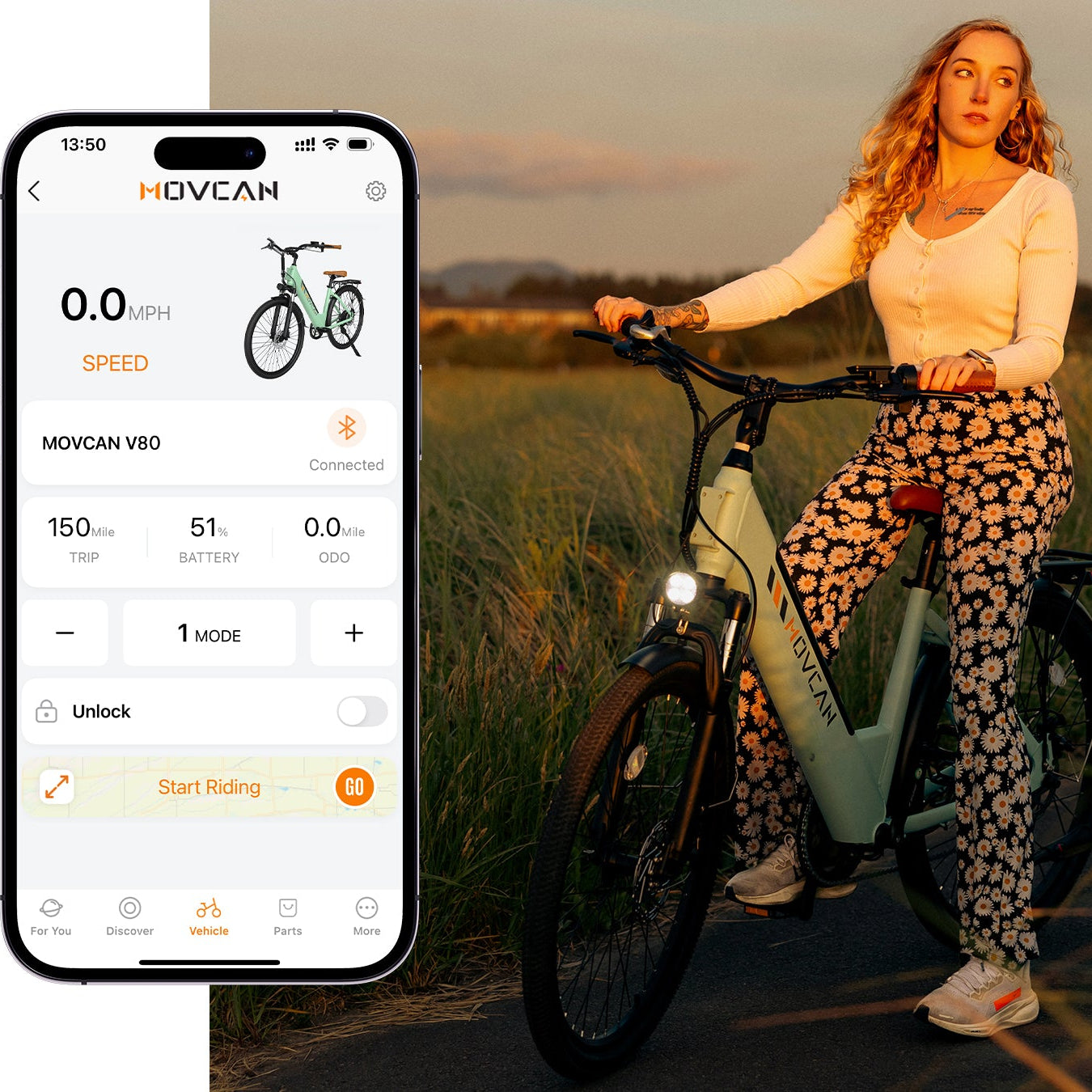 Movcan V80 commuter ebike connected to app for real-time stats and navigation