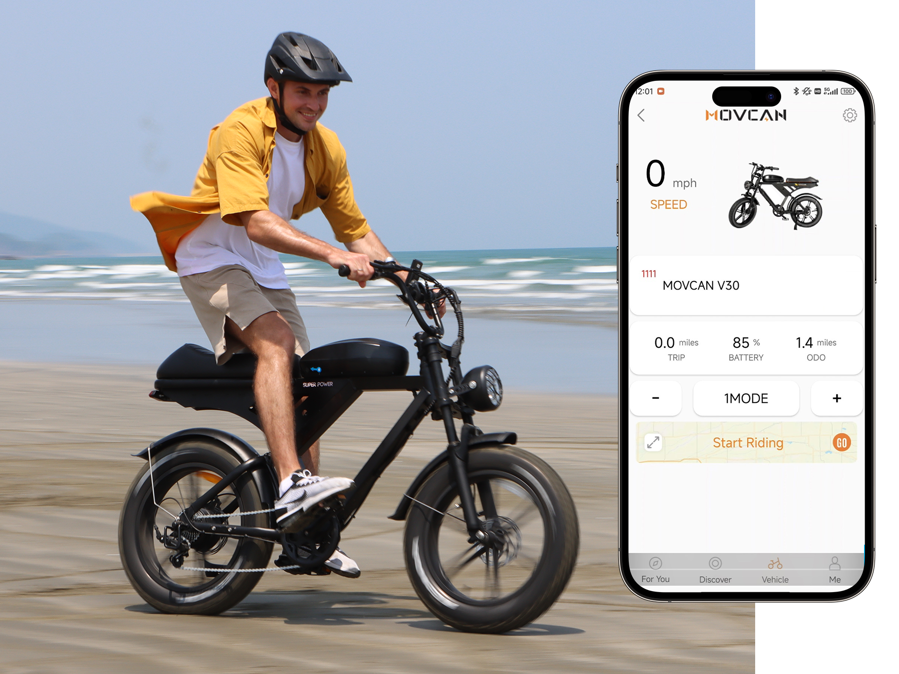 v30 off road electric cycle has its own smart app to record your rides