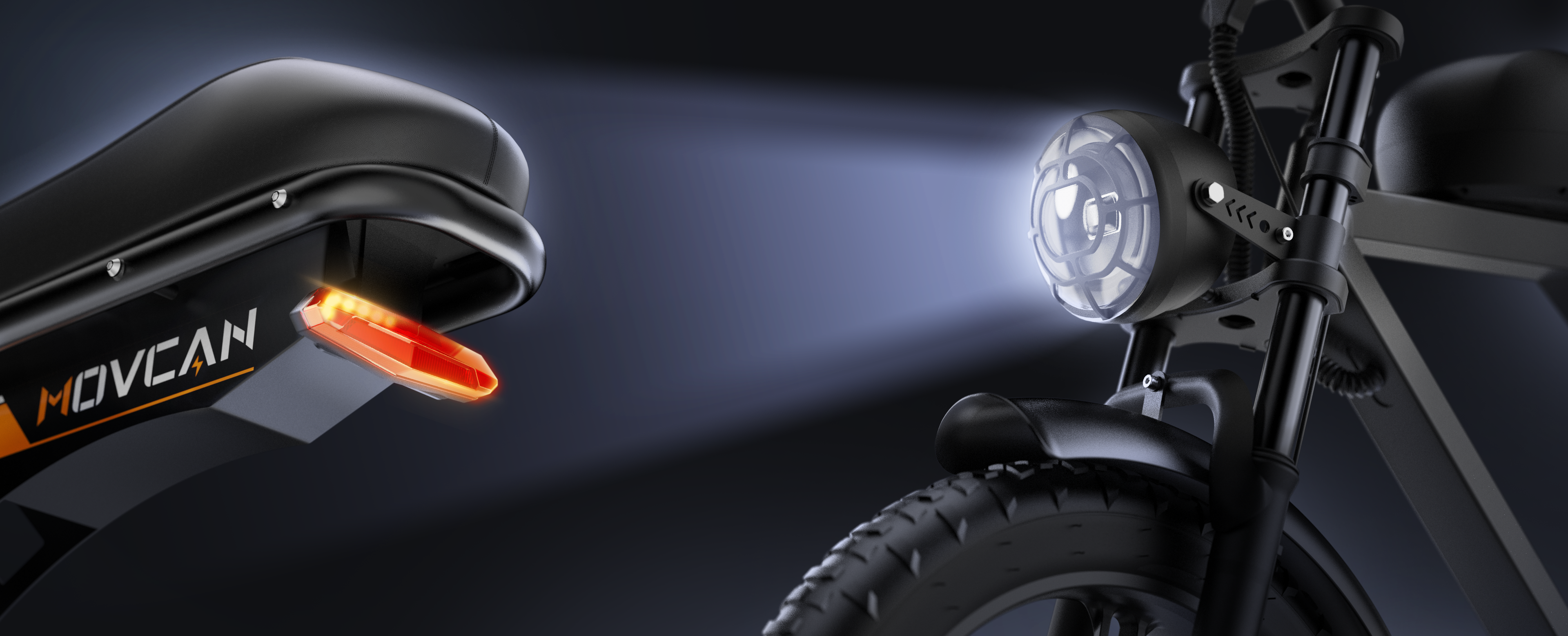 v30 off road ebike has integrated front & rear lights brightening your path
