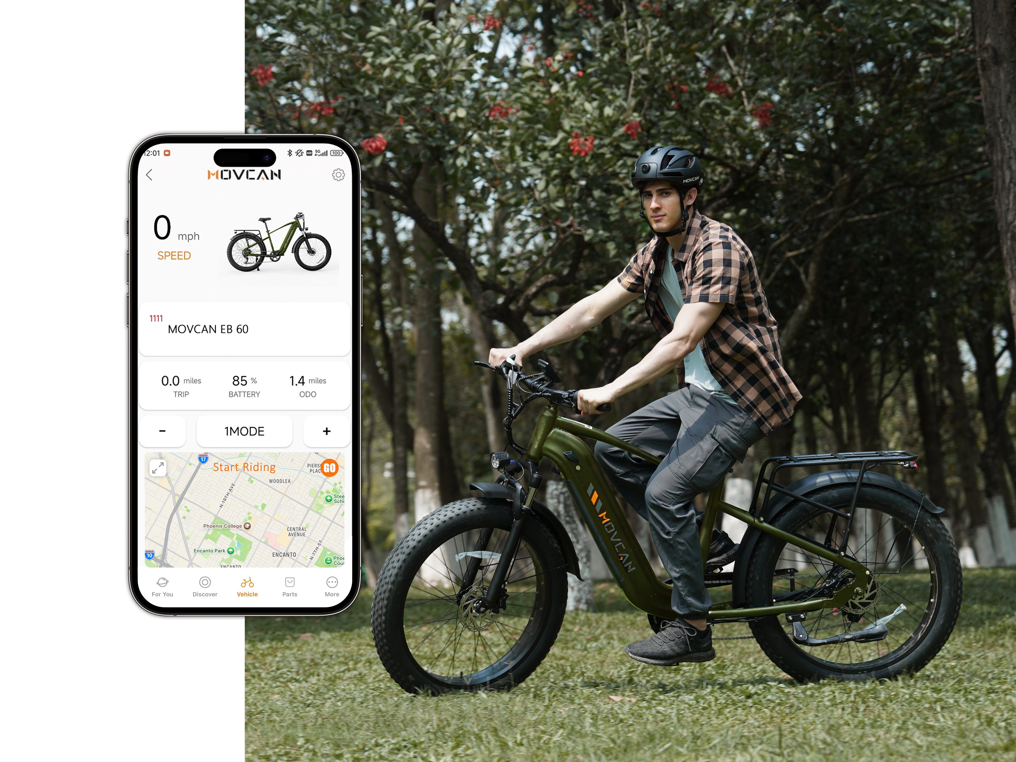 Close-up of MOVCAN EB60 smart LCD display showing 35mph speed and NFC card unlock feature for security. 