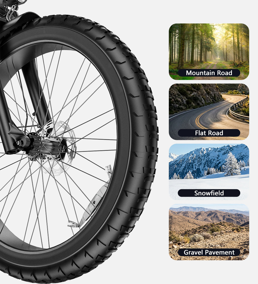 All-terrain anti-skid tires on the MOVCAN EB60 35mph fat tire ebike, designed for superior grip on mountain, snow, and gravel roads.