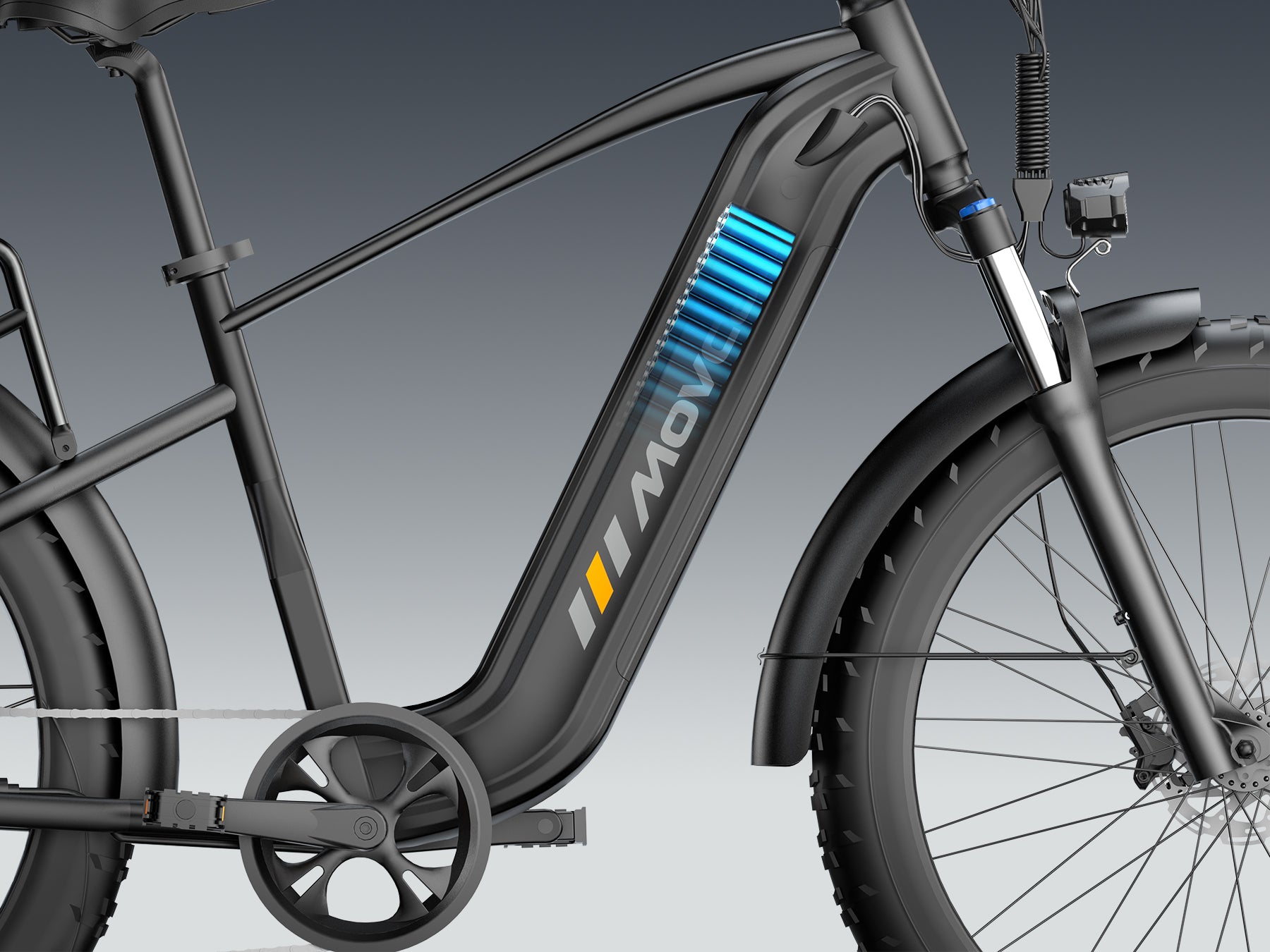 Removable 48V 20.8Ah hidden battery inside the MOVCAN EB60 frame for 70-mile long distance riding. 