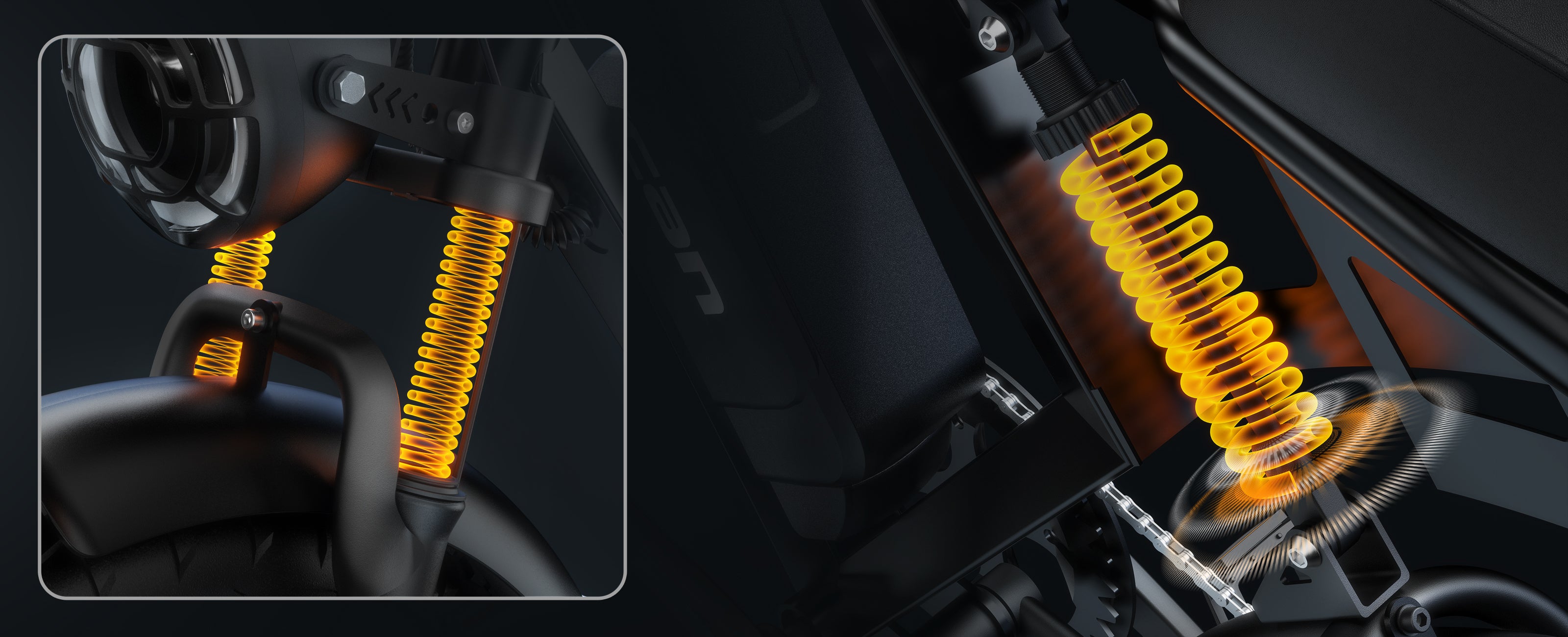 Movcan V30 Max electric bike full suspension system showing front and rear shock absorbers.