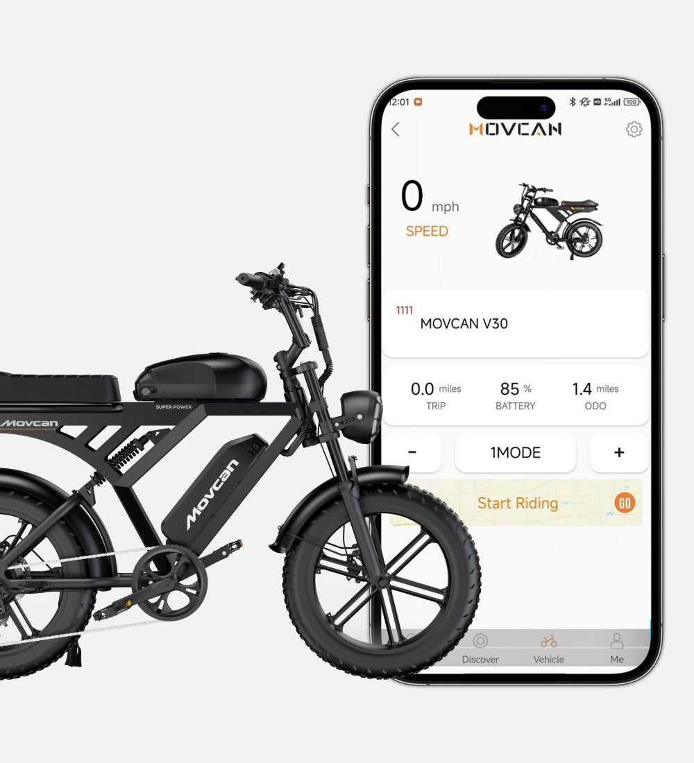  Movcan V30 Series smart app control interface showing real-time speed, battery life, and route tracking on a smartphone.