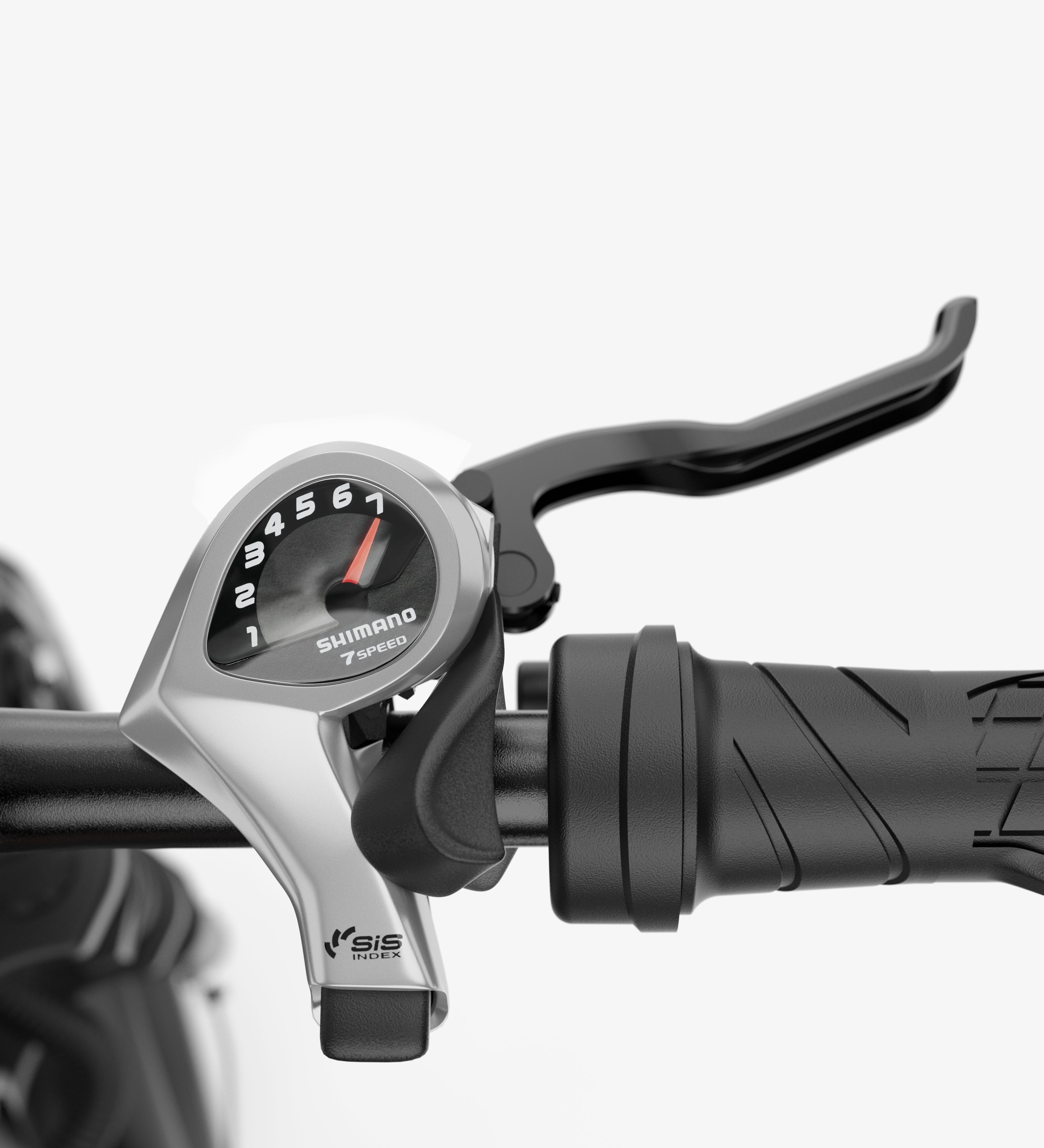 Shimano 7-speed shifter and derailleur system on an ebike handlebar for smooth gear transitions during hill climbs and descents.