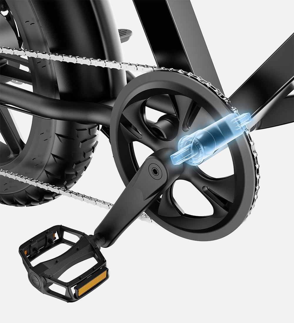 High-sensitivity cadence sensor on an ebike crankset providing real-time pedal tracking for smooth power assistance.